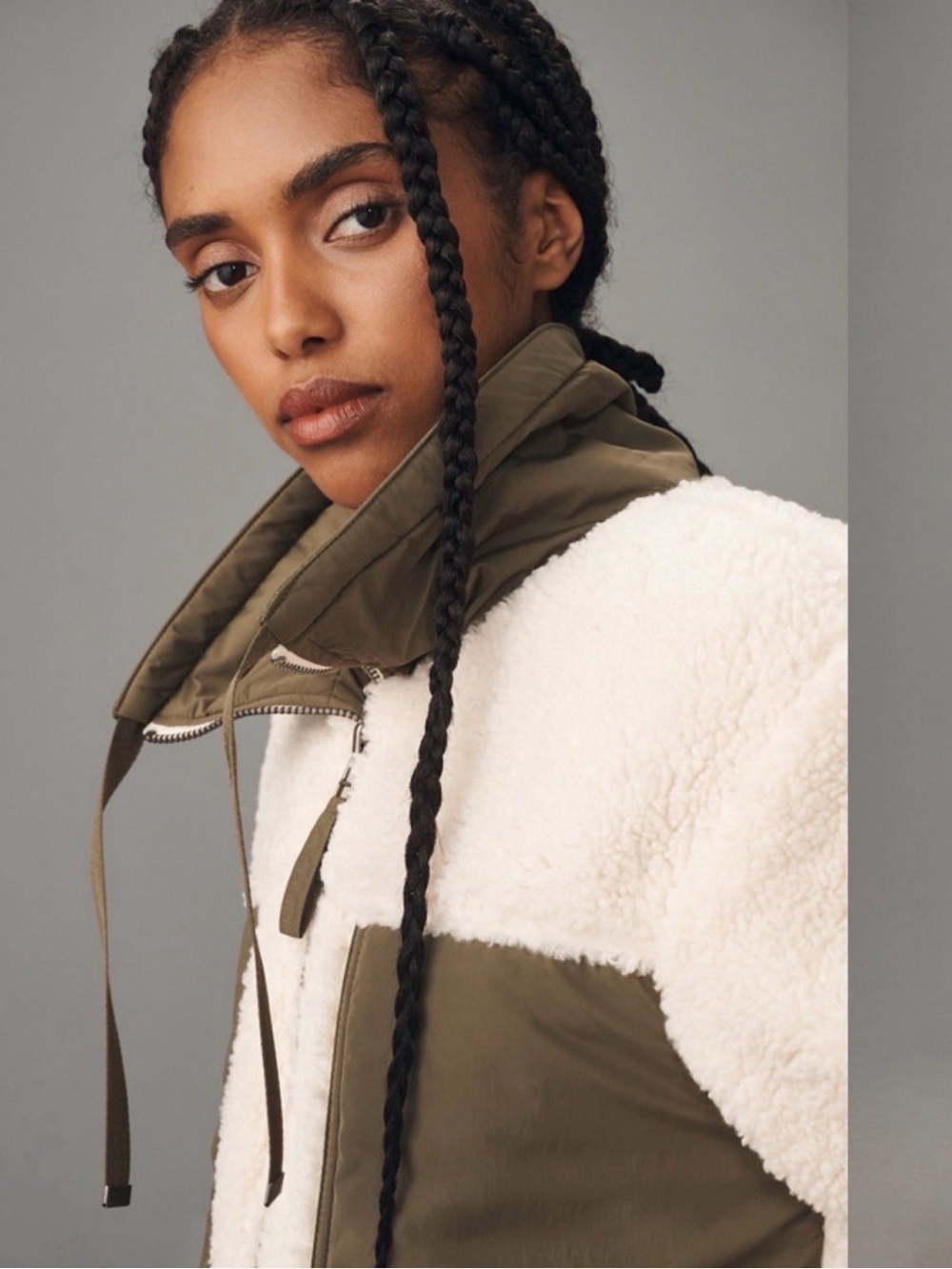 Anthropologie Pilcro Sherpa Fleece Jacket Small Cream Olive Colorblock Utility - Picture 3 of 15